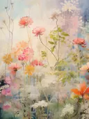 Aquarel van een bloemenweide in perzik- en oranjetinten.