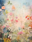 Aquarel van een bloemenweide met roze, witte en oranje bloemen.