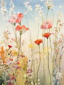 Aquarel van een bloemenweide met rode en roze bloemen en wit gipskruid.