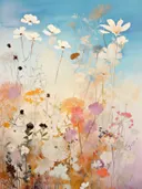 Aquarelschilderij van een weide met witte wilde bloemen onder een blauwe lucht.