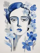 Aquarel gezichtsportret van een vrouw in blauw en grijs omkranst door blauwe bloemen