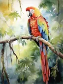 Kleurrijke ara papegaai op een tak tussen hangende lianen in mistige jungle.