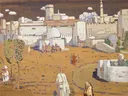 Arab City , 1905 van Wassily Kandinsky: stad met stadsmuur, minaret, figuren en bomen, in warm okergeel