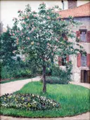Arbre en fleurs de Sans cadre van Gustave Caillebotte: landschap met bloesemboom, tuin, huis en gras, in groen en wit