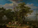 Arcadian Landscape with a Ceremonial Sacrifice van Jan van Huysum: landschap met bomen, figuren, berg en altaar, in donkergroen en blauw