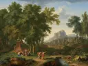 Arcadisch landschap met borstbeeld van Flora van Jan van Huysum: landschap met bomen, beeld, figuren en beek, in fris groen en blauw