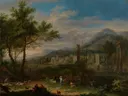 Landschapsschilderij 'Arcadisch Landschap met Vissers' naar Jan van Huysum
