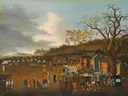 Archery Contest van Chinese Qing Dynasty: figuren met mensen, tenten, bomen en boogschieten, in warm beige met blauw