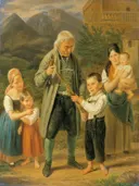 Archery Lessons van Franz Bernhardt: figuren met kinderen, boogschieten, gezin en bergen, in groen en bruin
