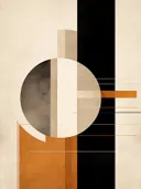 Abstract geometrisch schilderij met een grote cirkel, een zwarte balk en oranje accenten.