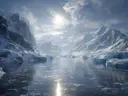Schilderij van een arctische fjord met zonlicht op het water tussen besneeuwde bergen