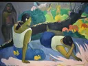 Arearea no varua ino van Paul Gauguin: figuren met vrouwen, hond, boom en tropisch, in rood, groen en geel
