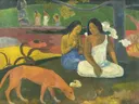 Arearea van Paul Gauguin: figuren met vrouwen, rode hond, boom en tropisch, in rood, geel en groen