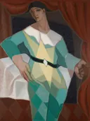 (Arlequin012237) van Juan Gris: portret met harlekijn, ruitpatroon, kubisme en figuur, in turkoois en rood