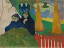 Arlésiennes (Mistral) van Paul Gauguin: figuren met vrouwen, mantels, park en hooibergen, in donkerblauw met okergeel