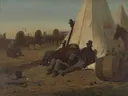 Army Teamsters van Winslow Homer: figuren met mannen, tenten, paard en kamp, in warm bruin en grijs