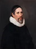 Arnoldus Geesteranus, by Jan Westerbaen (I) van Jan Jansz. Westerbaen de Oude: portret met man, molensteenkraag, zwarte mantel en baard, in zwart met wit