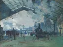 Arrival of the Normandy Train, Gare Saint-Lazare van Claude Monet: stad met station, trein, stoom en perron, in blauwgrijs met wit