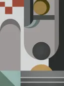 Geometrisch art-deco-schilderij met bogen en cirkels in klei en goud