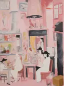 Art Deco-achtige illustratie van figuren in een roze bar-interieur met open haard en schappen.
