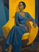 Art Deco modeportret van een vrouw in blauwe jurk zittend in een gele ronde stoel