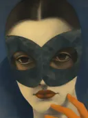 Art Deco portret van een vrouw met zwart oogmasker en oranje handschoenen, blauwe achtergrond