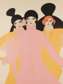 Art Deco-stijl illustratie van drie vrouwen in kleurrijke jassen