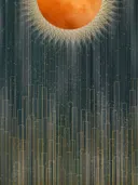 Art-deco-schilderij met zon boven een gouden skyline