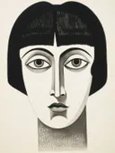 Zwart-wit art deco gezichtsportret van een vrouw met bobkapsel en grafische lijnen.