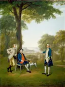 Arthur Holdsworth Conversing with Thomas Taylor and Captain Stancombe by the River Dart van Arthur Devis: figuren met mannen, bomen, rivier en honden, in groen met blauw