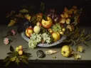 Ast, Balthasar van der Still Life of Fruit on a Kraak Porcelain Dish Currier Museum of Art 2004.15 van Balthasar van der Ast: stilleven met fruit, druiven, appels en schelpen, in donker met warm geel