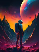 Astronaut bij gekleurde maan