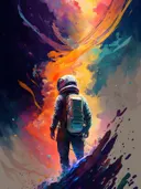 Astronaut kijkt uit over kleurrijke ruimte-nevel