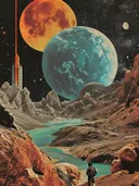 Surrealistisch schilderij van astronaut bij ravijn
