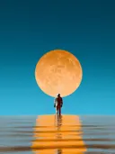 Astronaut voor grote oranje maan met wateroppervlak