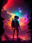 Astronaut voor een vurige buitenaardse hemel