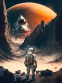 Astronaut bij ruimteschip op vreemde planeet