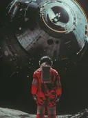 Astronaut op de maan onder groot ruimtestation