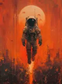 Astronaut loopt onder grote oranje maan
