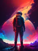 Astronaut onder de reuzenplaneet, landschap schilderij
