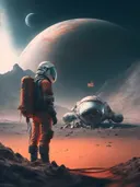 Astronaut bij ruimtecapsule op rode planeet