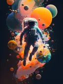 Astronaut zweeft tussen kleurrijke planeten