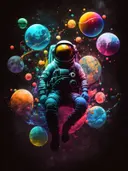 Astronaut tussen kleurrijke planeten
