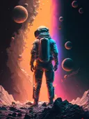 Astronaut op een rotsachtig landschap tussen manen