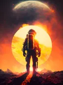 Astronaut voor gloeiende zon