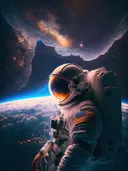 Astronaut zwevend boven de aarde, portret schilderij