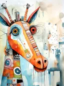 Giraffenkop met een lang gestreept gezicht, één blauw en één rood oog, en kleine hoorntjes op een lichte achtergrond