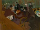 At the Moulin Rouge van Henri de Toulouse-Lautrec: figuren met café, mensen, hoeden en tafel, in gedempt groen en oranje