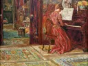 At the Piano Tel Aviv Museum oft Art anagoria van Childe Hassam: interieur met piano, vrouw, muziek en tapijt, in warm rood en goud