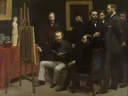 Atelier in Batignolles van Henri Fantin-Latour: figuren met mannen, atelier, ezel en schilder, in donker met wit